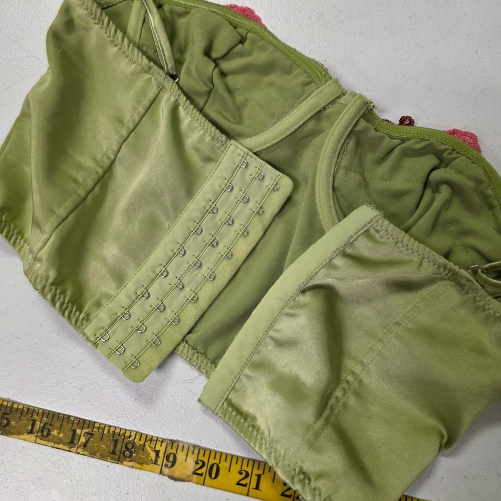 Fashion Nova Green Embroidered Corset Top S Satin Fairy Festival Rave Floral - Picture 6 of 12